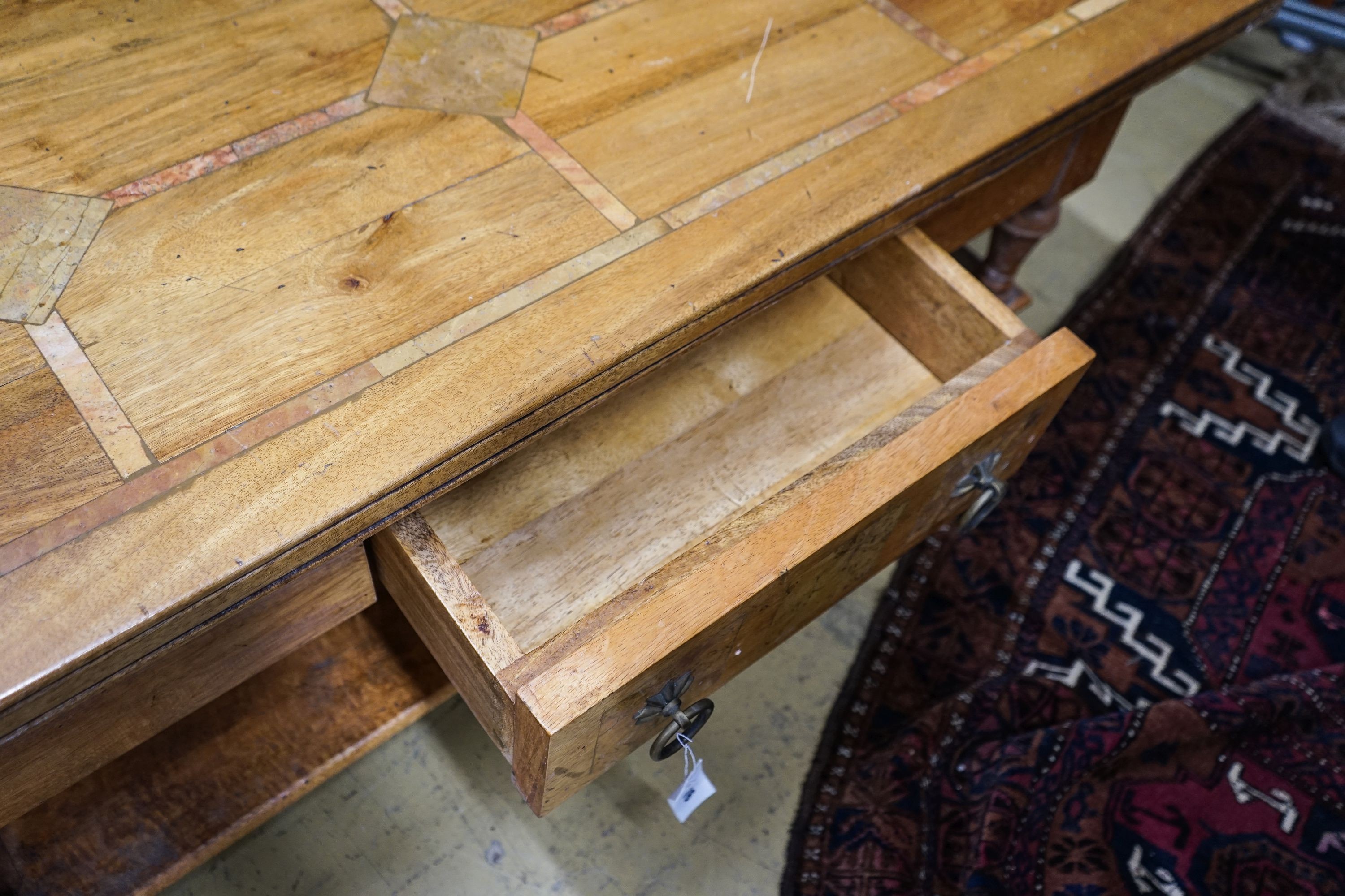 A rectangular parquetry inlaid walnut two tier coffee table, length 130cm, depth 80cm, height 45cm